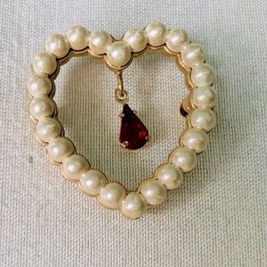 Vintage Avon Faux Pearl and Ruby Rhinestone Heart Brooch.